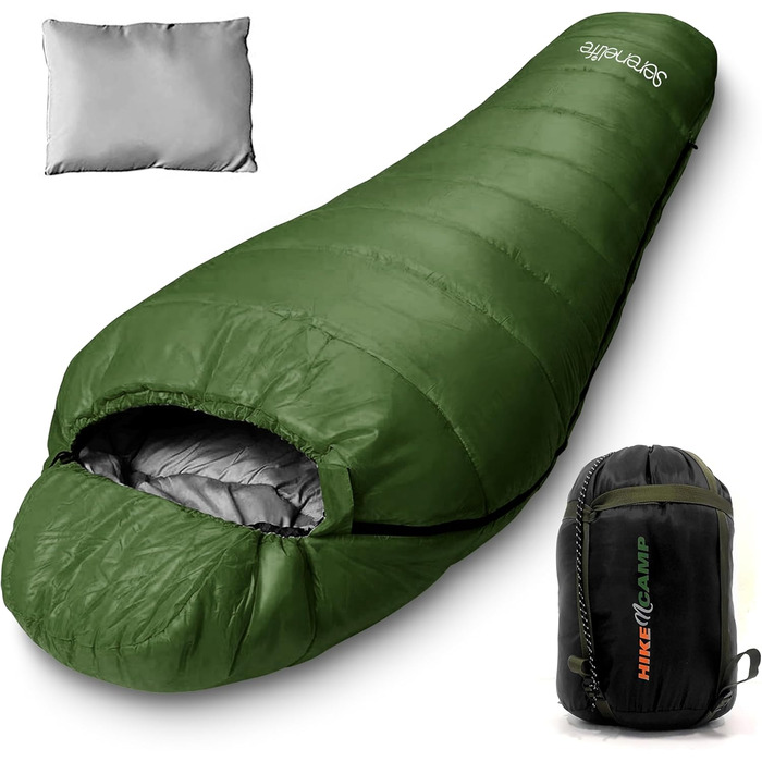 Спальний мішок SereneLife для кемпінгу - теплий, водонепроникний, для зимового відпочинку, температурний режим -15°C до +12°C, з компресійним мішком та подушкою
