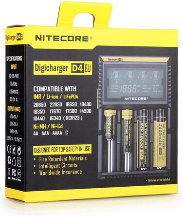 NiteCore D4 EU: Інтелектуальний зарядний пристрій для акумуляторів з LCD-дисплеєм (18650, 18350, 26650, AAA, AA, CR123A)