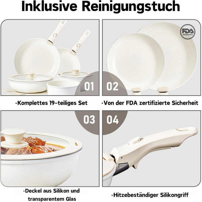 Набір каструль LEADZM з керамічним покриттям, 22 шт., для всіх плит, індукційні, без PFOA/PFOS (Бежевий)