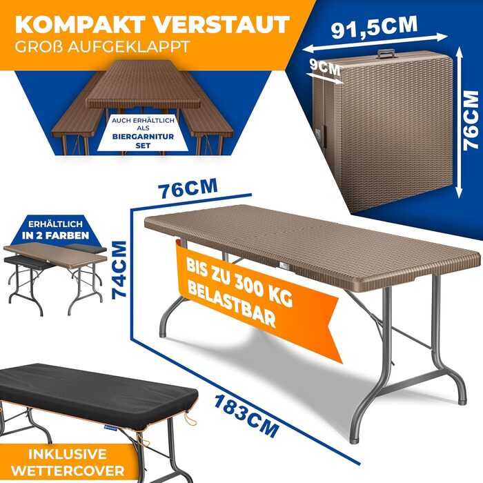 Стол KESSER® буфет розкладний, пластик, 183x76 см, ротанг, для кемпінгу, вечірок, саду, тераси, балкону, на 6 осіб, з ручкою, коричневий