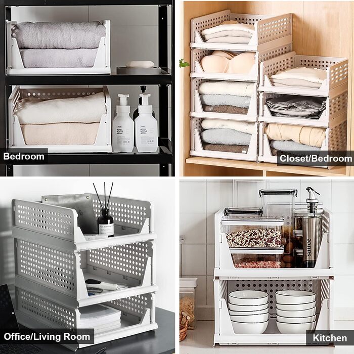 Hossejoy Set of 4 Stackable Closet Storage Boxes, Plastic Drawer Organizers, Foldable Clothes Shelf Baskets, Foldable Containers, Bins, for Office, Bedroom, and Bathroom (white)