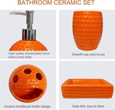 Набір аксесуарів для ванної кімнати, кераміка, оранжевий, 4 шт. (дозатор мила, тримач зубних щіток, чашка, мильниця)