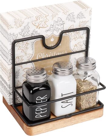 Livabber Napkin Holder, Metal Napkin Storage with Salt and Pepper Shakers, Caddy, Modern Napkin Dispenser for Table, Kitchen, Countertop, Salt and Pepper Shakers (Midwood, Black)