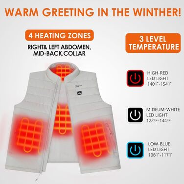 Грілка-жилет для жінок Telguua з акумулятором 5V 12000mAh, USB-C, 4 зони обігріву, 3 режими температури, білий, XL