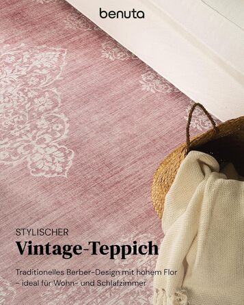benuta pop Laury Rug - Synthetic Fiber - Rectangular & in Vintage Style - Easy Care for Living Room, Bedroom, Pink, 160x230 cm 160 x 230 cm (Rectangular) Pink