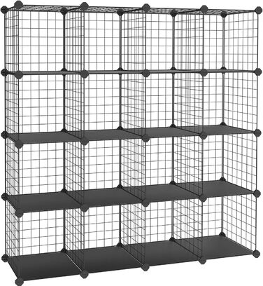 SONGMICS Storage Cubes, 16 Cube Storage System from Metal Wire, DIY, Modular Grid Shelf, with Wire Frame, Black LPI44H