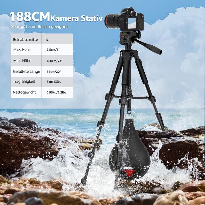 Штатив для камери Lusweimi 187 см з поворотним кріпленням 360° та 2 QR-пластинами, для Sony/Nikon/Canon, смартфонів, TikTok, Vlog (чорний)