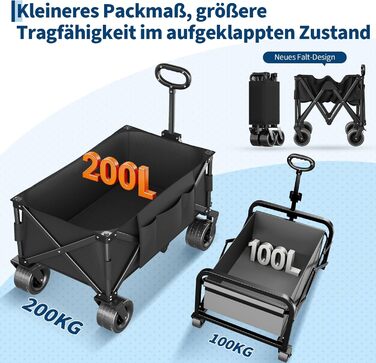 Візок-теліжка складний GarveeLife XXL 200L, 200 кг, гальма, колеса 20 см для пляжу, кемпінгу, саду, чорний