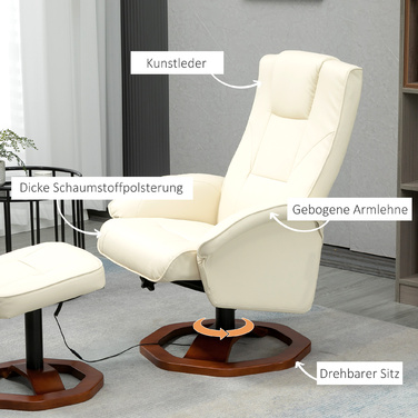 HOMCOM Massage Recliner with Footrest, 360° Swivel, Faux Leather, Steel, Cream White/Brown, 73x83x106cm for Ultimate Comfort