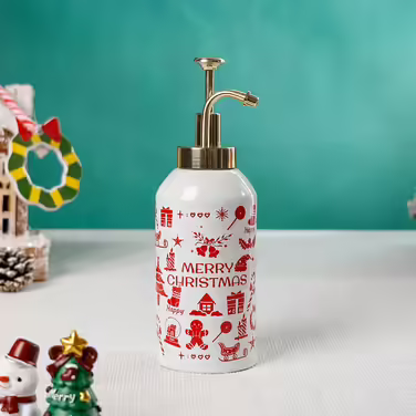 4-Piece Ceramic Bathroom Set, Artistic Line Face Bathroom Accessories Set with Soap Dispenser, Toothbrush Holder, Cup, Soap Dish, Abstract Bathroom Set for Decor, Cream (Merry Christmas)