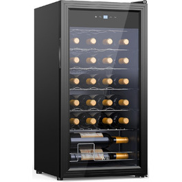 WIE 33 Liter Wine Fridge - 1 Zone Mini Wine Cooler with Glass Door & LED Touch Panel - Anti-UV Wine Storage for 28 Bottles