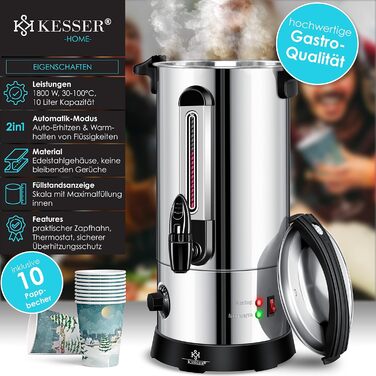 KESSER® 10L Stainless Steel Mulled Wine Warmer. Includes 10 Cups. Mulled Wine Cooker with Thermostat, Mulled Wine Dispenser, Hot Beverage Dispenser, Kettle, Hot Water Dispenser, Canning Device, Level Indicator, Tap.