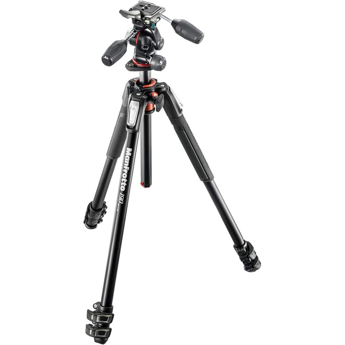 Штатив Manfrotto MT190XPRO4 з алюмінію з кутовою центральною колоною - 4-секційний штатив для DSLR та беззеркальних камер, Чорний/Антрацит (Алюмінієвий 3-секційний комплект з 3-сторонньою головкою)
