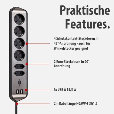 Смуга розеток Brennenstuhl Estilo Ecksteckdosenleiste 6-Fach: 4 розетки з заземленням, 2 Euro-розетки, 2 USB-порти (A), срібно-білий колір