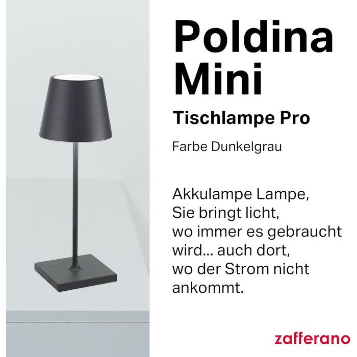 Zafferano Poldina Pro Mini: Бездротова LED-лампа для дому та вулиці, сенсорне керування, диммер, 30 см, темно-сірий