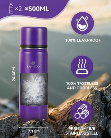 Термос-термокана з нержавіючої сталі SANTECO 1л, 500мл, не протікає, з кришкою-чашкою для подорожей. Термос для кави та чаю для дітей, спорту, без BPA, 24 години холод, 12 годин тепло (фіолетовий, 500 мл)