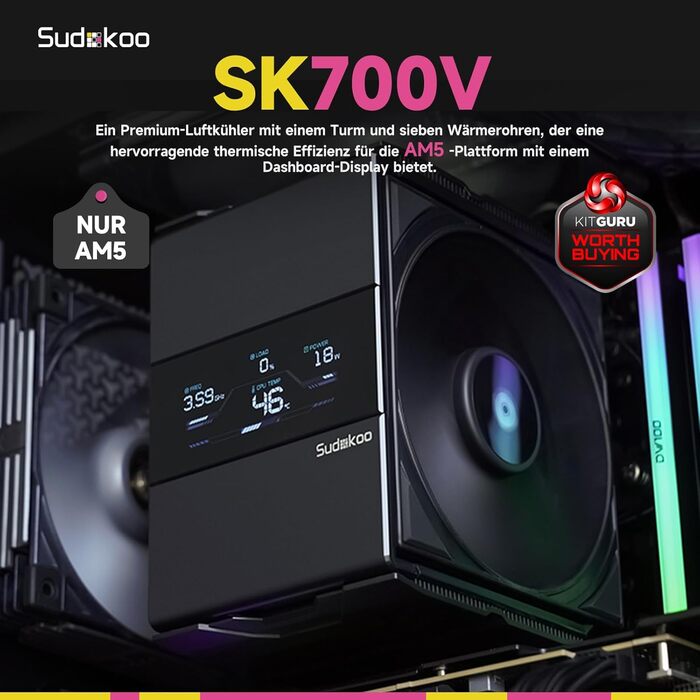 Система охолодження CPU Sudokoo SK700V AM5: Кулер для ПК з дисплеєм, 120мм вентилятор, 7 heatpipes, сумісний з AM5, безперешкодний доступ до RAM, 5 років гарантії, чорний