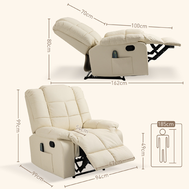 HOMCOM Recliner with Lie-flat Function (Manual), Weight Capacity 160 kg, Electric Recliner with Lie-flat Function, Heating Function, Cream White | Aosom.d