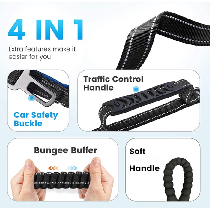 Міцна собача повідка-банджі з двома зручними ручками та автофіксатором, 1,2-1,5 м, чорна