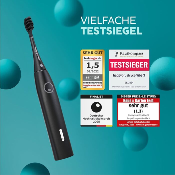 Електрична звукова зубна щітка happybrush® Eco Vibe 3 - Тест-переможець - 100 днів тестування. В комплекті 4 насадки. Чорний колір.
