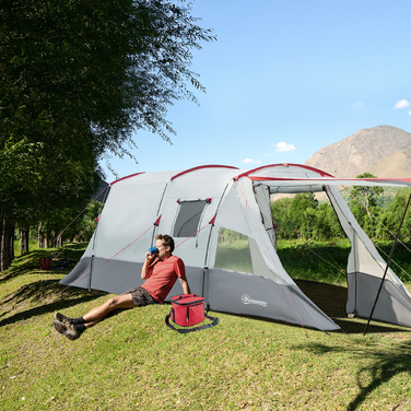 Outsunny Tunnel Tent 8-Person Tent with Sleeping Cabin, Living Room, Carry Bag, 2000mm Water Column, Gray | Aosom