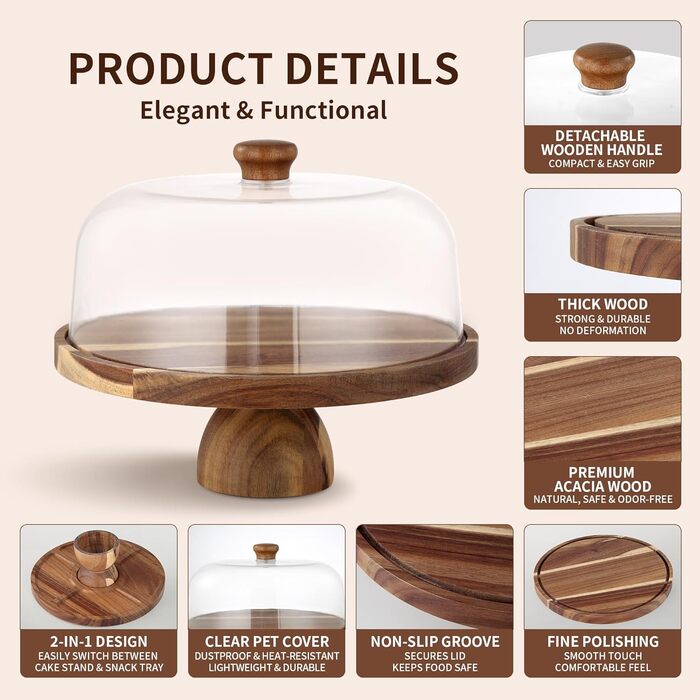 Дзеркальний підставка для тортів 30 см з дерева | Подвійна тортівниця з ніжками та кришкою (PET) | Тортниця-дзвіночок | Універсальна підставка для тортів на весілля, день народження, чаювання