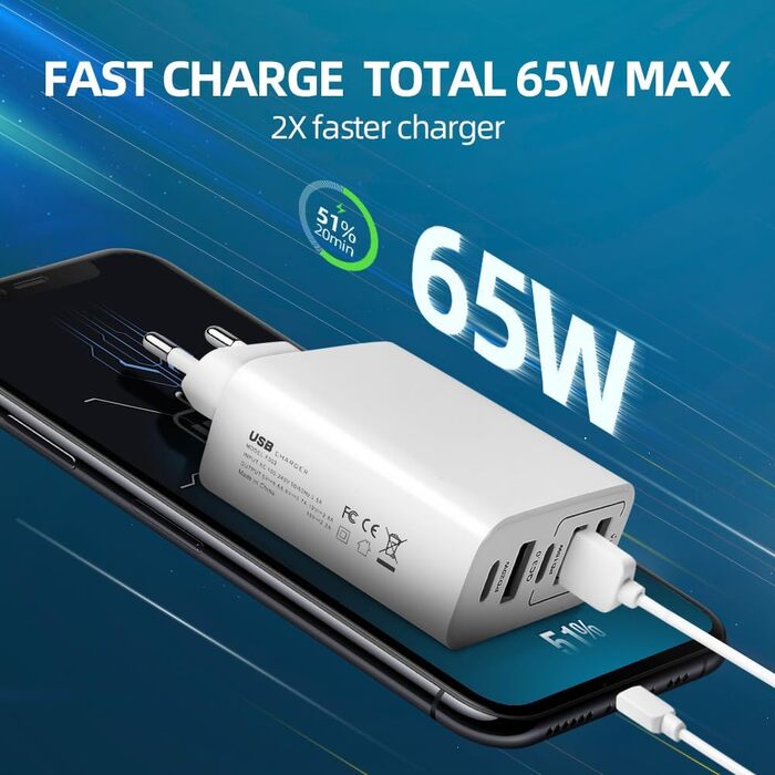 Мережевий адаптер AXFEE 65W 5-портовий з USB-C та USB-A, швидка зарядка PD 3.0 для iPhone 14 Pro Max 13, білий