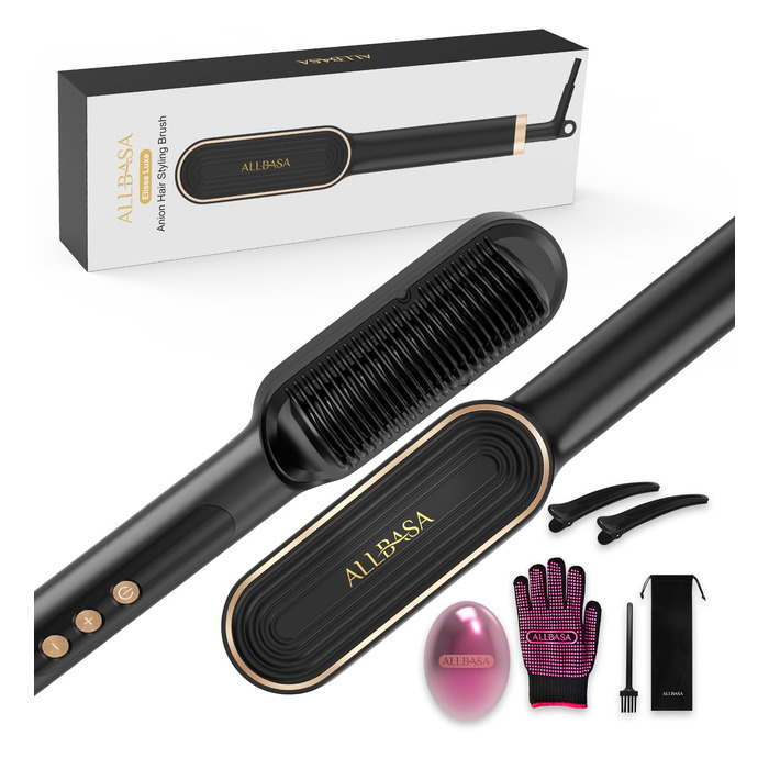 Професійний випрямляч для волосся – щітка-випрямляч, 4 температурні режими, 140℃–200℃, час нагріву 30 секунд, з негативними іонами, підходить для всіх типів волосся (золотистий колір), професійний випрямляч