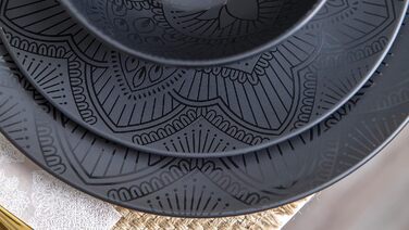 Набір тарілок та мисок Bzyoo з меламіну, 4 шт., чорний, La la Mandala. Без BPA, придатний для миття в посудомийній машині.