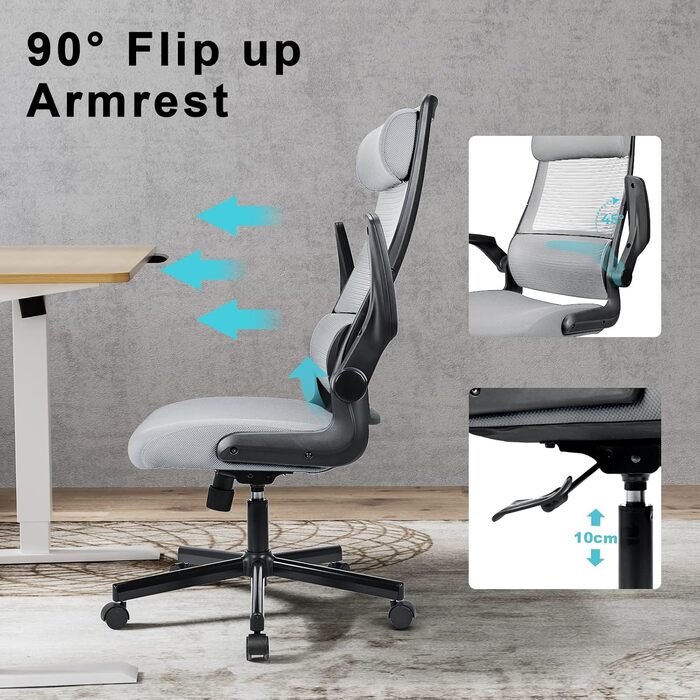 Ергономічне крісло для офісу з регульованою підголовником, сітчасте крісло для робочого столу, відкидні підлокітники, широке сидіння, функція гойдання, комп'ютерне крісло EN 1335, офісне крісло 200 кг, сіре та чорне