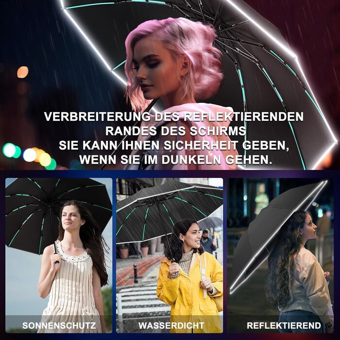 Складаний парасоль від Knirps з автоматичним відкриванням/закриванням, 10-ти реберний (3+2 посилені), з відбиваючими смугами, захист від сонця, для подорожей та авто