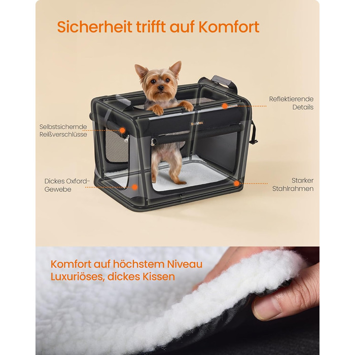 Кія Транспортна переноска для собак Feandrea, 50x35x35 см, чорна, з місткістю для води та корму