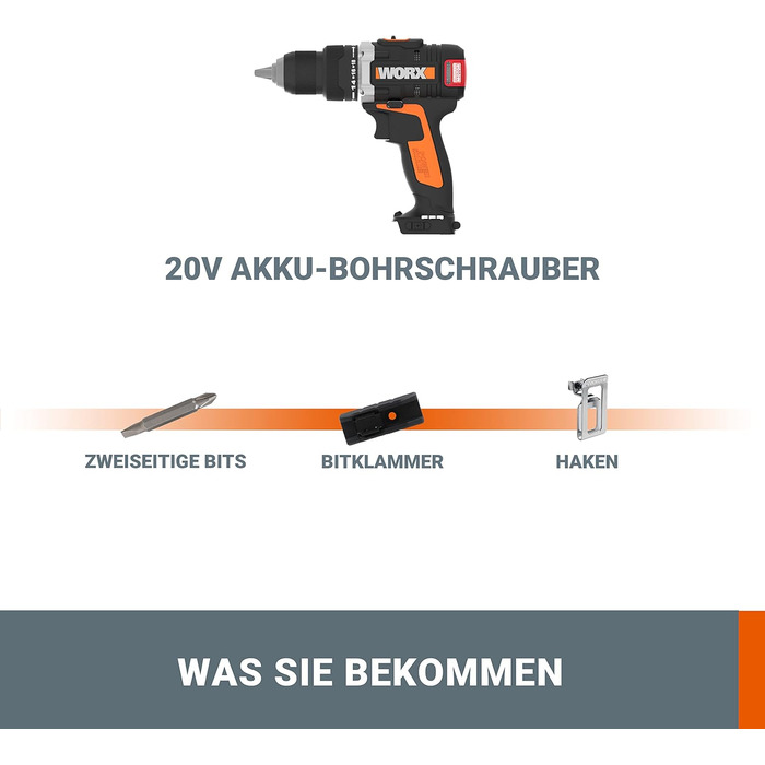 WORX WX175.9 Акумуляторний дриль-шуруповерт 20V – безщітковий, 60Nm, 2-швидкісний, з LED-підсвічуванням. Комплект для свердління та закручування (без акумулятора та зарядного пристрою)