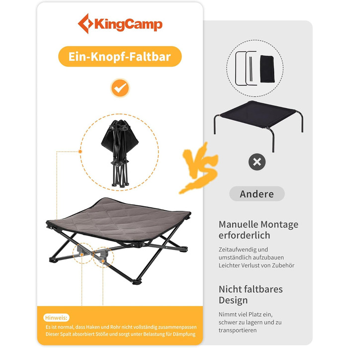 КінгКемп Лежанка для собак - портативна, з дихаючою сіткою та замшевим килимком, чорна, 57x57x23 см (77x77x30 см)