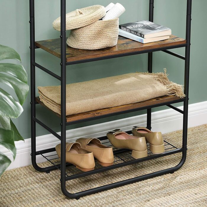 VASAGLE Coat Rack, Coat Stand, Clothes Rack with Shoe Storage, Shoe Shelf, Entryway, Bedroom, 58 x 28 x 181 cm, Scandinavian, Matt White-Gold Oak Finish HSR81WN (Vintage Brown + Black)