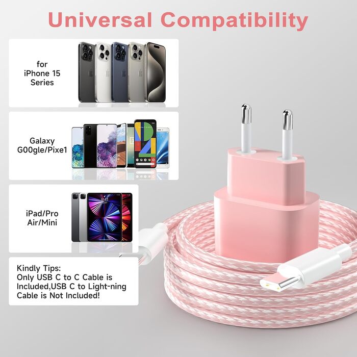 Зарядний пристрій USB-C 20W з кабелем Type-C 2м для iPhone 16/15/Pro/Air, комплект 2 шт. (Синій+Рожевий)