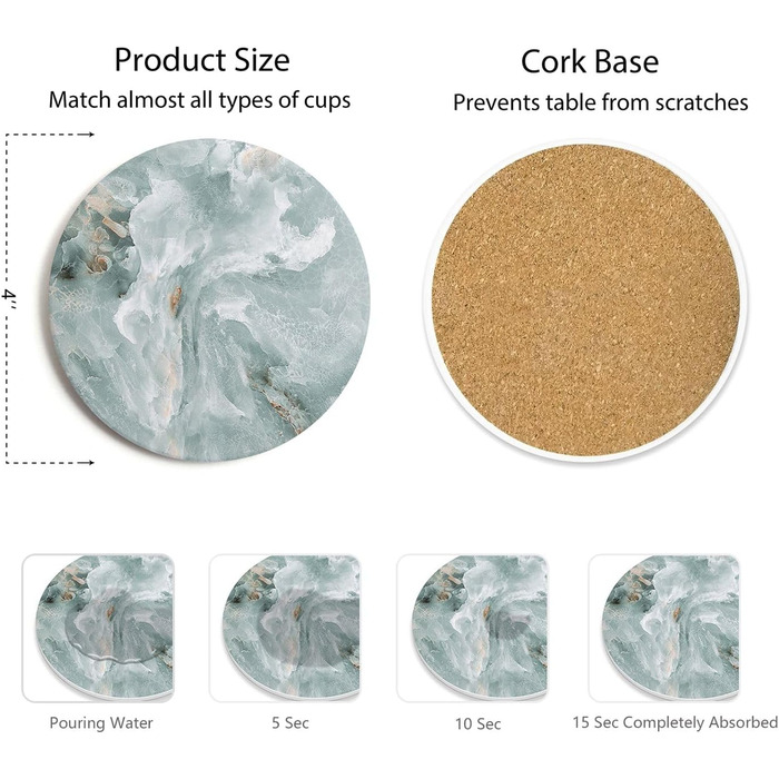Set of 6 abstract dark blue marble coasters with holder, absorbent ceramic coasters for drinks, coasters with cork backing for table protection, housewarming gifts (Abstract Green Marble)