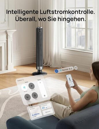 Вентилятор вежовий DREO Smart 102-114 см для спальні, з регулюванням висоти, 9 швидкостей, 4 режими, 90° осциляція, тихий (20 дБ), таймер 12 год, чорний