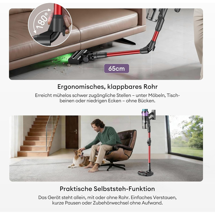 Бездротовий акумуляторний пилосос Ultenic 55000Pa/600W, 80хв, 1.6л, з Multi-Циклон фільтрацією, сенсорним екраном, антизаплутана щітка, док-станція, для шерсті тварин/килимів/твердих підлог, червоний