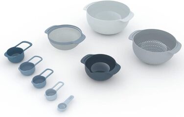 Joseph Joseph Nest 9 Plus 9-Piece Nesting Set with Large and Small Mixing Bowls, Colander, Sieve, 5 Measuring Cups, Sky Blue