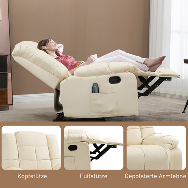 HOMCOM Recliner with Lie-flat Function (Manual), Weight Capacity 160 kg, Electric Recliner with Lie-flat Function, Heating Function, Cream White | Aosom.d
