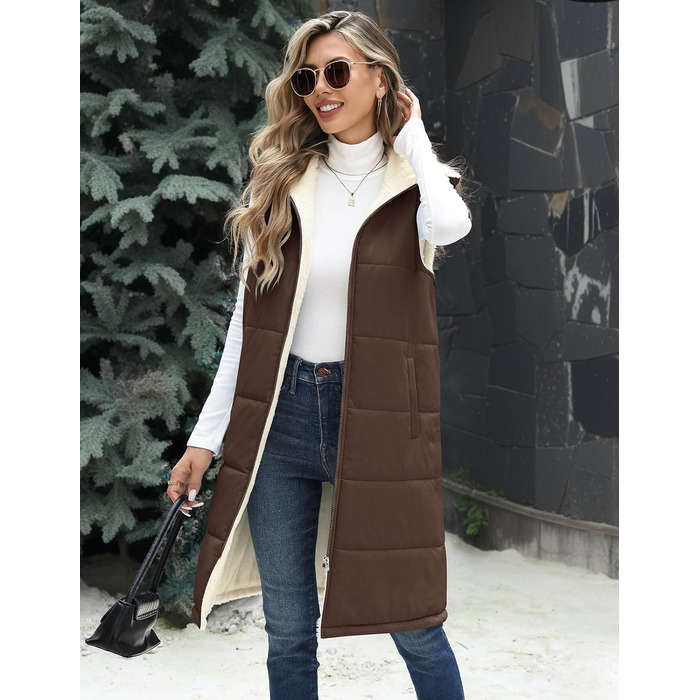 Жіноча степкова жилетка Vancavoo з капюшоном на осінь/зиму. Тепла жилетка з флісу, кава, розмір M