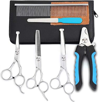 Freewindo Dog Grooming Shears - Rounded Tip Stainless Steel - Dog Trimming Scissors & Nail Clippers for Full Body Care