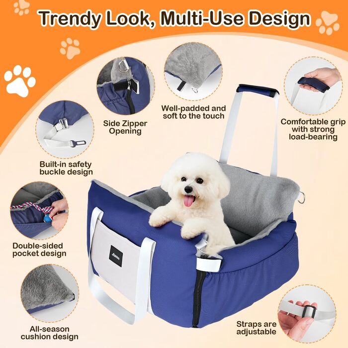 Автокрісло для собак 3-в-1 – переносна ліжко для маленьких собак, з розкладною поверхнею, м'яким матрацом, для переднього або заднього сидіння, внутрішнє та зовнішнє використання (04-Blau)