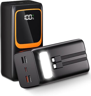 Портативний зарядний пристрій Power Bank 50000 mAh з вбудованим кабелем: швидка зарядка 22,5W, велика ємність, LED-ліхтарик, 7 виходів & 3 входи, чорний