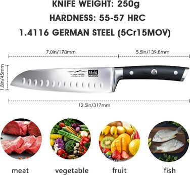 Кухонний ніж Santoku SHAN ZU 18 см з німецької нержавіючої сталі, надгостре лезо, ергономічна ручка, подарункова упаковка