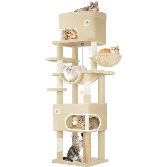 Драбина-кіготь для котів Hzuaneri, 203 см, з великою платформою, 2 печери, 7 кігтеточок, помпони, лежанки, гамак, для всіх порід котів, бежевий MS20318YL XXL (60 x 50 x 203 см)