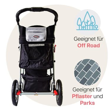 Візок для собак Innopet Comfort Air Eco чорного та срібного кольорів – візок для собак/кішок з колесами діаметром 30 см, складається в одну руку, підходить для лісових стежок – світловідбиваючі смуги, органайзер, перероблений нейлоновий матеріал