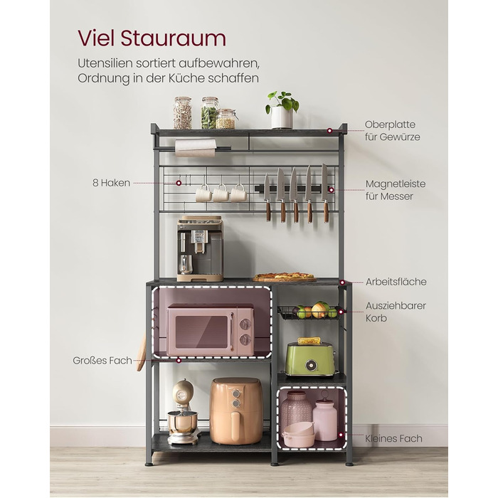 Стелаж кухонний VASAGLE KKS026B01, підлоговий, з магнітною смугою для ножів, кошиком, тримачем для рушників, 12 гачків, вінтажний коричневий-чорний