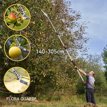 Телескопічний секатор FLORA GUARD 1,4–3,05 м для свіжих гілок і дерев, садова пила з лезом SK5 3D, обрізка та збір плодів